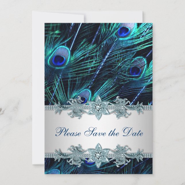 Royal Blue Peacock Wedding Save the Date (Vorderseite)