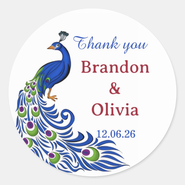 Royal Blue Peacock Wedding Stickers & Labels (Vorderseite)