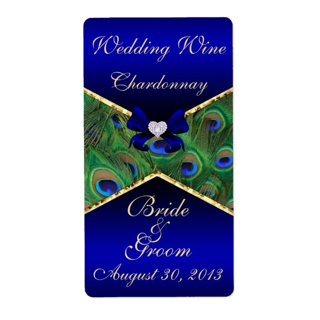 Royal Blue Peacock Wedding Wine Label (Vorne)