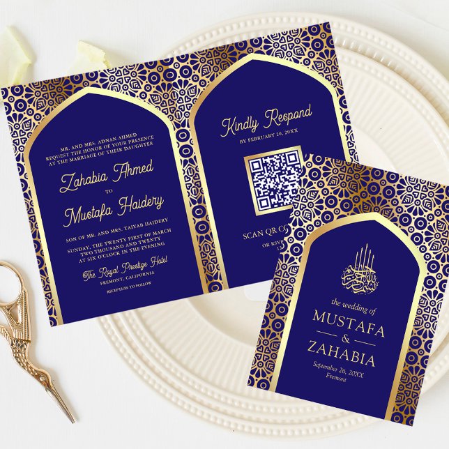 Royal Blue Persian Arch QR Code Muslim Wedding Einladung (Von Creator hochgeladen)