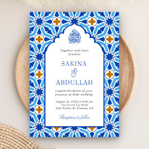 Royal Blue Persian Mosaic QR Code Muslim Wedding Einladung