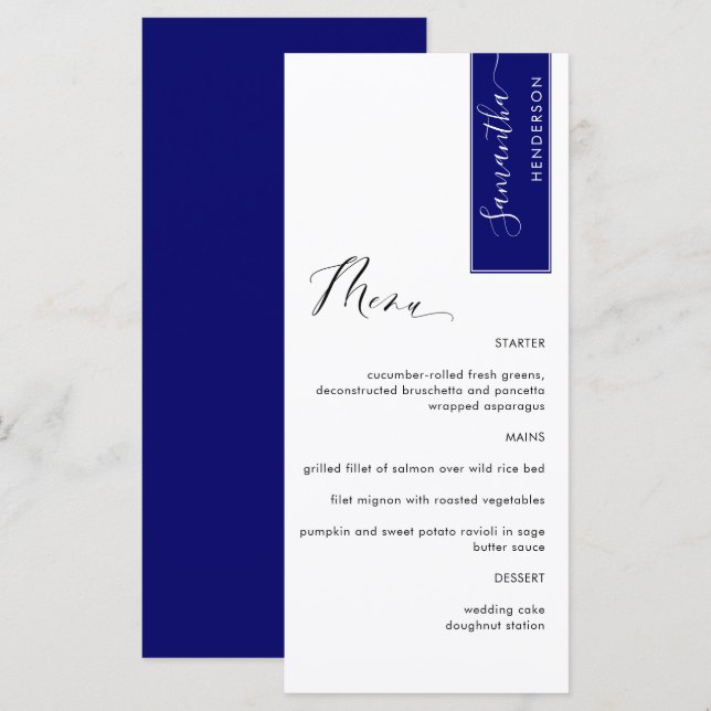 Royal Blue, Personalisiert mit Gast Name Elegant Menükarte (Vorne/Hinten)
