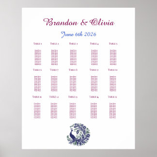 Royal Blue Pfau-Hochzeits-Sitzplan Poster
