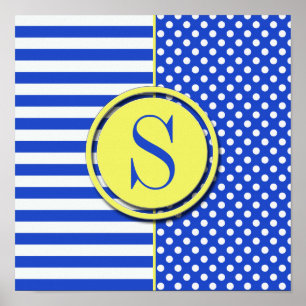 Royal Blue Polka Dots and Stripes Monogram STaylor Poster