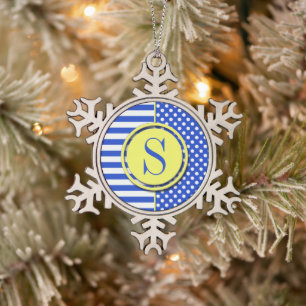 Royal Blue Polka Dots and Stripes Monogram STaylor Schneeflocken Zinn-Ornament