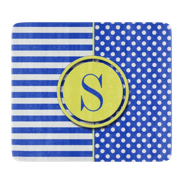 Royal Blue Polka Dots and Stripes Monogram STaylor Schneidebrett (Vorderseite)