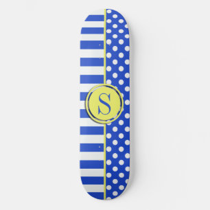 Royal Blue Polka Dots and Stripes Monogram STaylor Skateboard