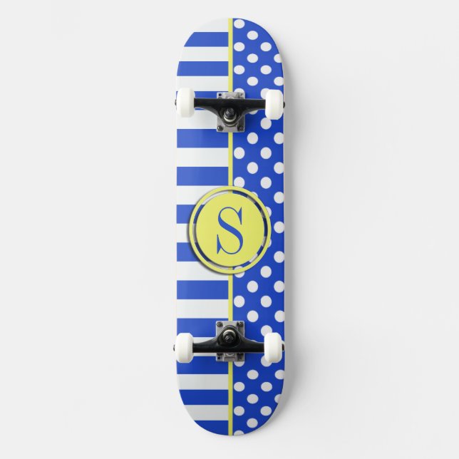 Royal Blue Polka Dots and Stripes Monogram STaylor Skateboard (Vorderseite)