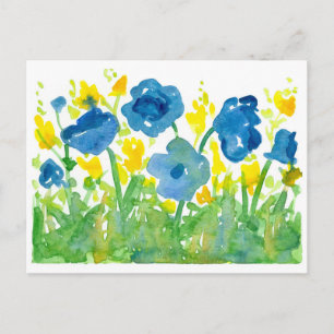 Royal Blue Poppies Gelbe Wildblumen Wasserfarbe Postkarte