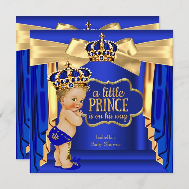 Royal Blue Prince Baby Dusche Gold Crown Blonde Einladung (Vorne/Hinten)
