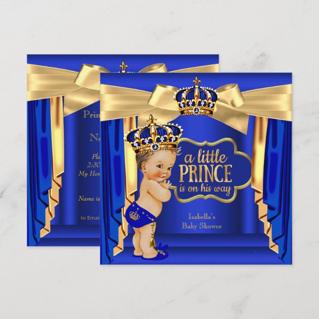 Royal Blue Prince Baby Dusche Gold Crown Brünett Einladung (Vorne/Hinten)