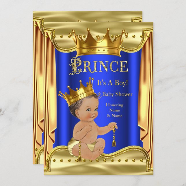 Royal Blue Prince Baby Shower Gold Brünett Boy Einladung (Vorne/Hinten)