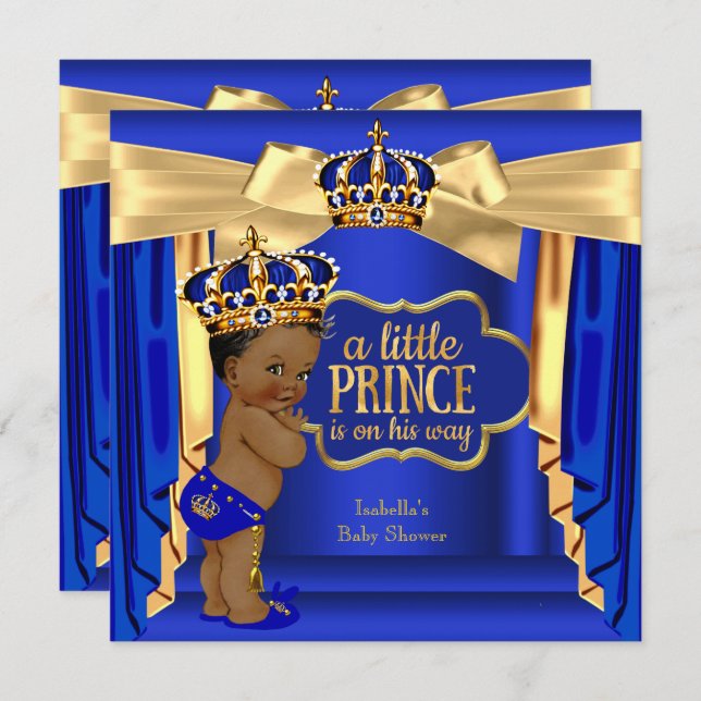 Royal Blue Prince Baby Shower Gold Crown Ethnic Einladung (Vorne/Hinten)