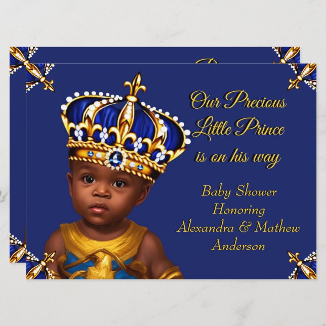 Royal Blue Prince Boy Baby Shower Gold Ethnic Einladung (Vorne/Hinten)