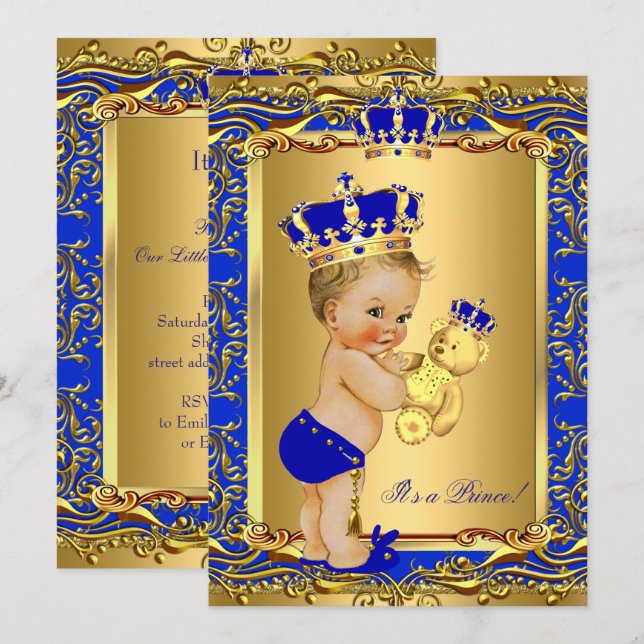 Royal Blue Prince Crown Baby Duschbär Blonde Einladung (Vorne/Hinten)