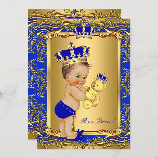 Royal Blue Prince Crown Baby Duschbär Brünett Einladung (Vorne/Hinten)