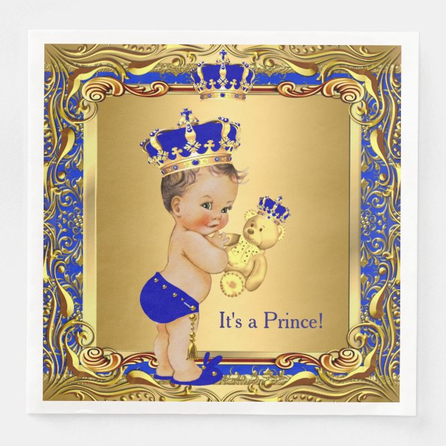 Royal Blue Prince Gold Crown Baby Dusche Brünett Serviette (Vorderseite)