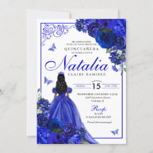 Royal Blue Princess & Butterflies Quinceañera Einladung