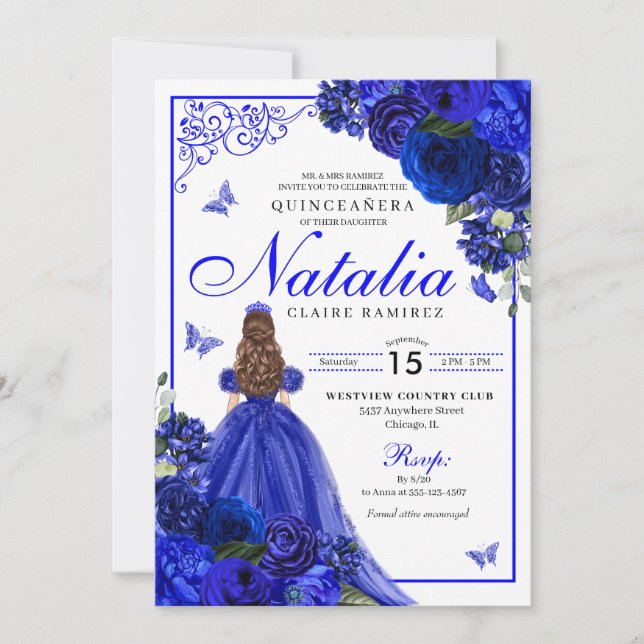 Royal Blue Princess & Butterflies Quinceañera Einladung (Vorderseite)