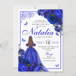 Royal Blue Princess & Butterflies Quinceañera Einladung