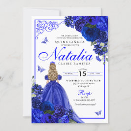 Royal Blue Princess & Butterflies Quinceañera Einladung