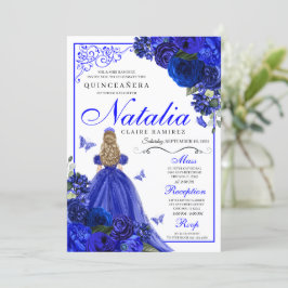 Royal Blue Princess & Butterflies Quinceañera Einladung