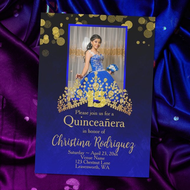 Royal Blue Princess Dress Quinceanera Gold Tiara Einladung (elegant royal blue and gold quinceanera invitations with gold crown and gold number 15)