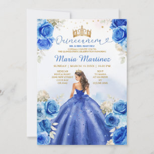 Royal Blue Princess Floral Gold Crown Quinceañera Einladung