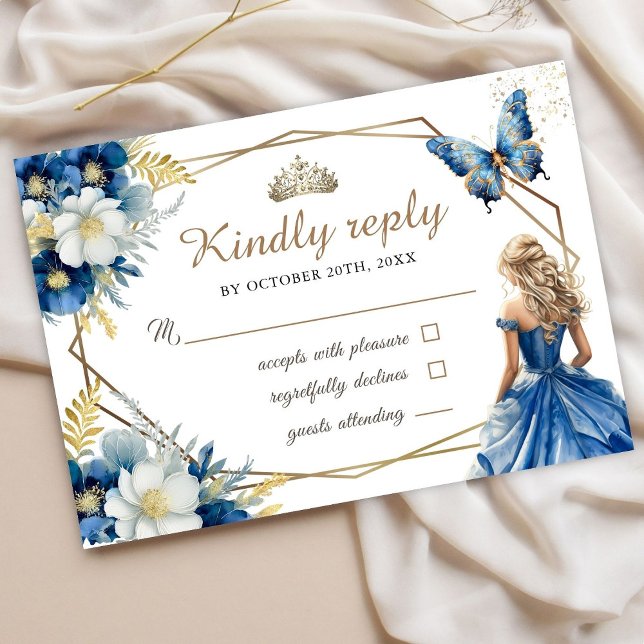 Royal Blue Princess Floral Sweet 16 Rsvp Cards (Von Creator hochgeladen)