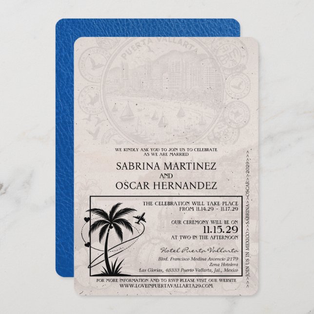 Royal Blue Puerta Vallarta Passport Wedding Einladung (Vorne/Hinten)