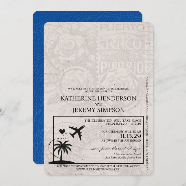 Royal Blue Puerto Rico Passport Hochzeit Einladung (Vorne/Hinten)
