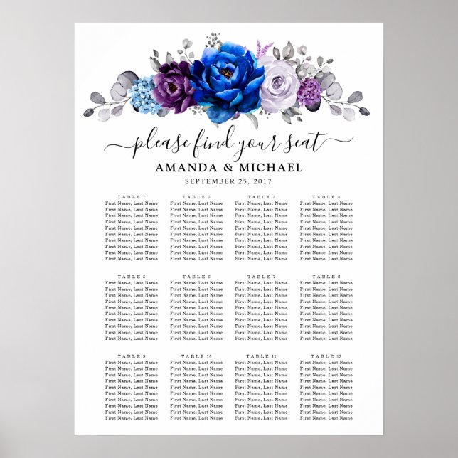 Royal Blue Purple Navy Lilac Blooms Seating Chart Poster (Vorne)