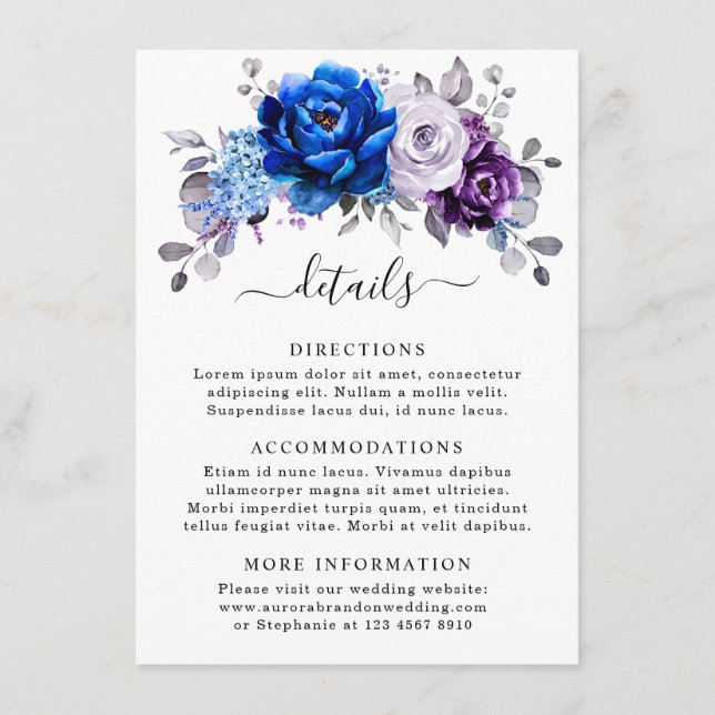 Royal Blue Purple Navy Lilac Blooms Wedding Detail Begleitkarte (Vorderseite)