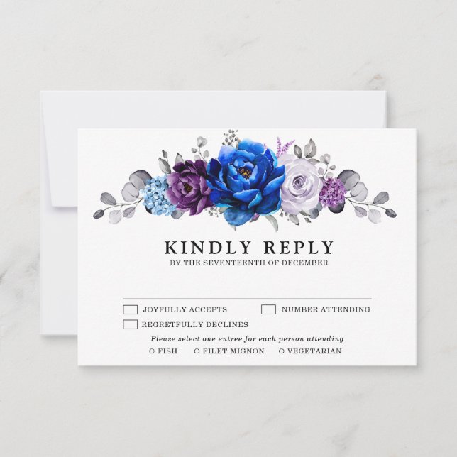Royal Blue Purple Navy Lilac Blooms Wedding RSVP Karte (Vorderseite)