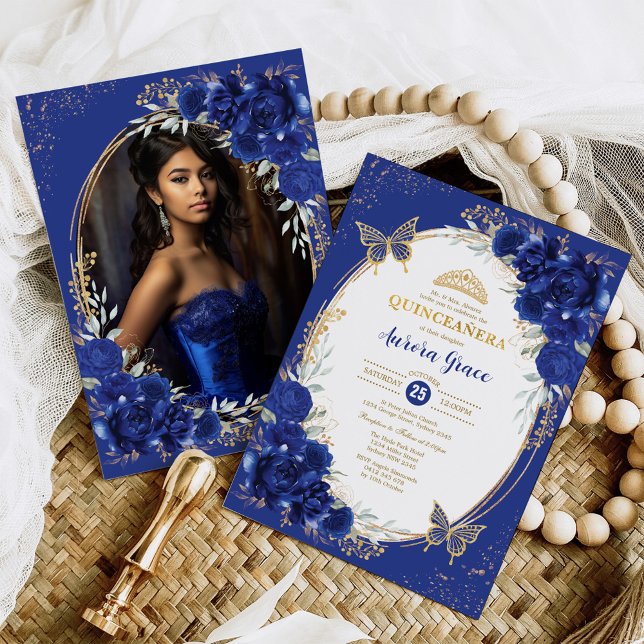 Royal Blue Quinceañera Blume Butterfly Foto Einladung (Von Creator hochgeladen)