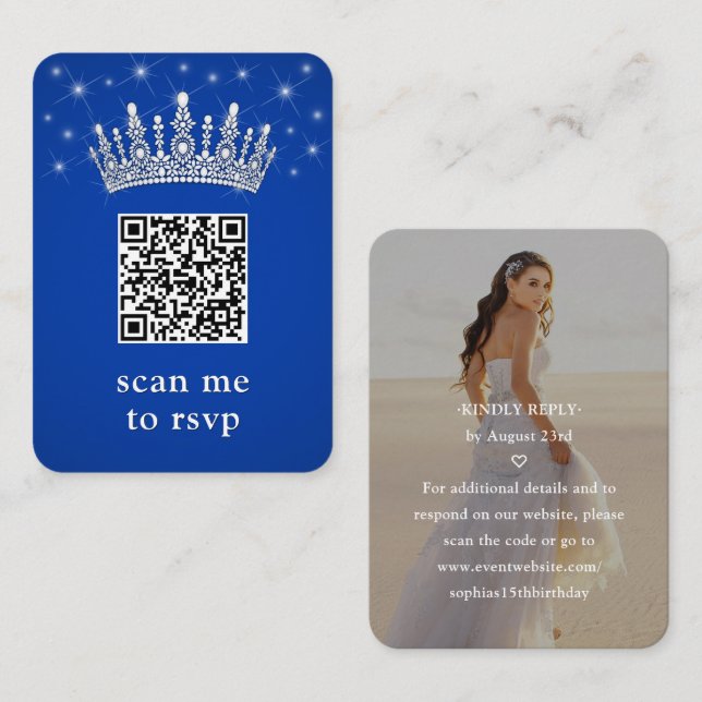 Royal Blue Quinceañera Crown & Stars QR RSVP Photo Begleitkarte (Vorne/Hinten)