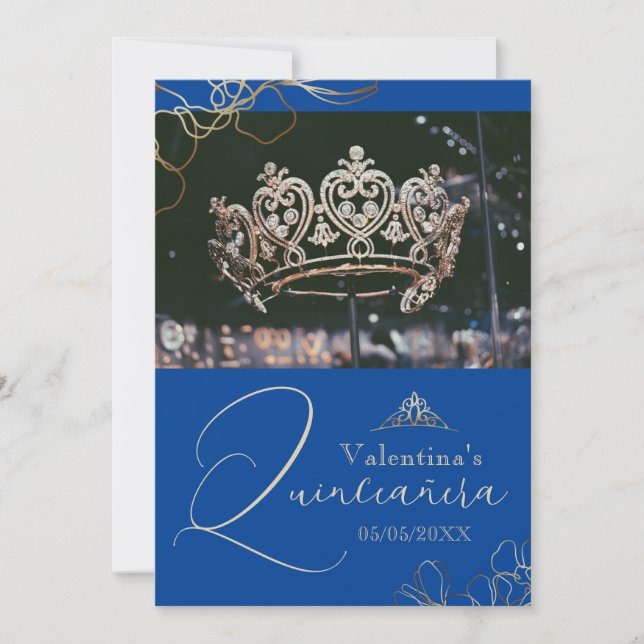 Royal Blue Quinceañera danke Kartenvorlage Einladung (Vorderseite)