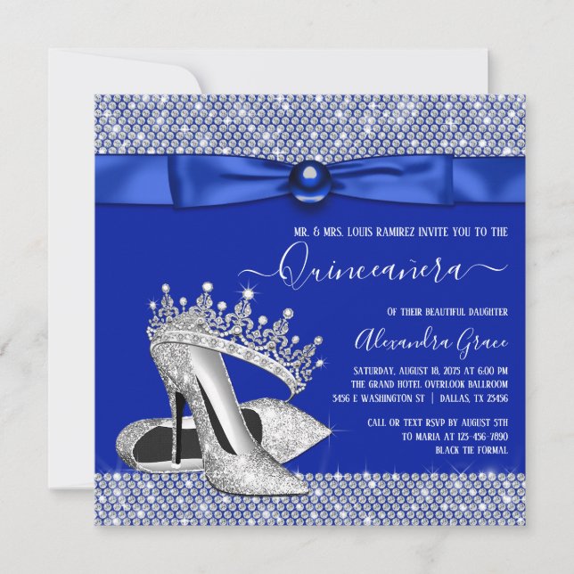 Royal Blue Quinceanera Diamond Tiara Shoe Einladung (Vorderseite)