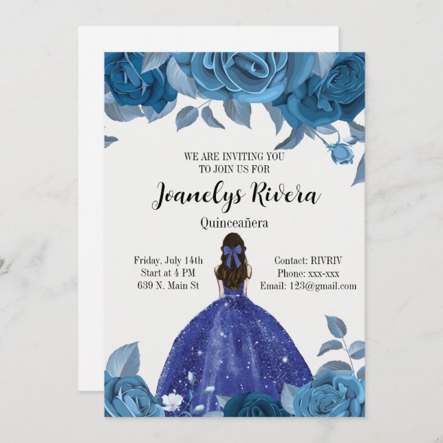 Royal Blue Quinceañera Einladung (Vorne/Hinten)