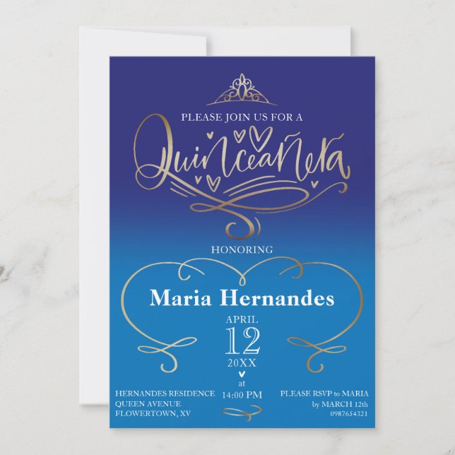 Royal Blue Quinceañera Einladungsvorlage Einladung (Vorderseite)