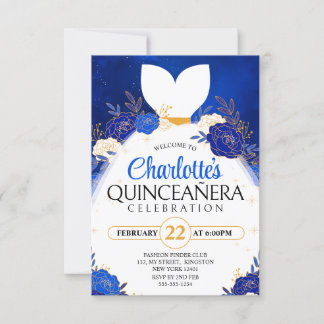 Royal Blue Quinceanera Floral Princess Dress Einladung