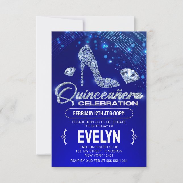 Royal Blue Quinceanera Glitzern Diamond Geburtstag Einladung (Vorderseite)