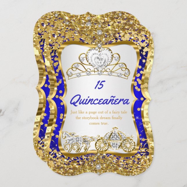 Royal Blue Quinceanera Magical Tiara Gold Einladung (Vorne/Hinten)