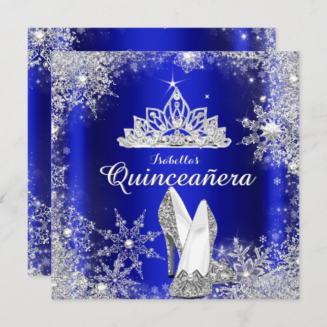 Royal Blue Quinceanera Silver Tiara 15. Geburtstag Einladung (Vorne/Hinten)