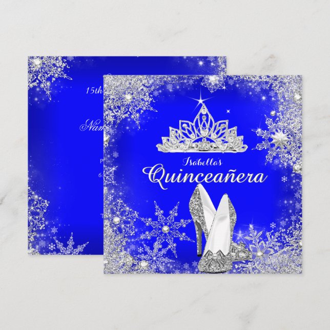 Royal Blue Quinceanera Silver Tiara 15. Geburtstag Einladung (Vorne/Hinten)