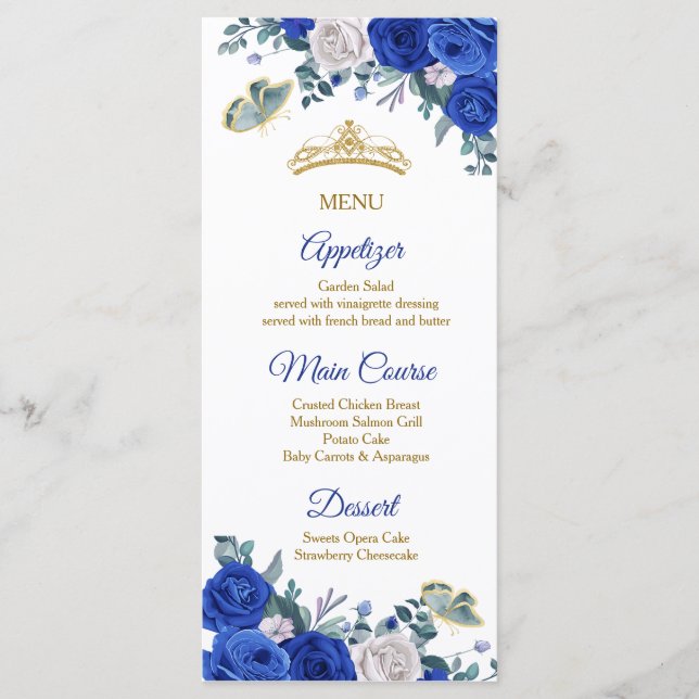 Royal Blue Quinceñera Menu Card Menükarte (Vorderseite)
