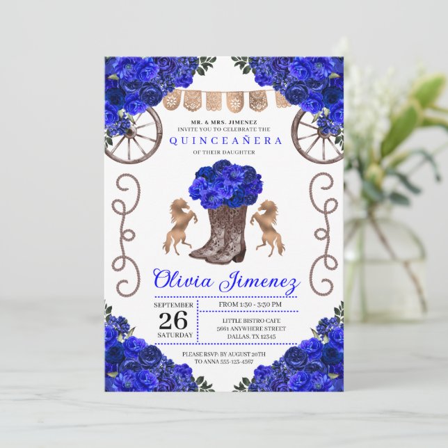 Royal Blue Ranchero Floral Boots Quinceanera Einladung (Stehend Vorderseite)