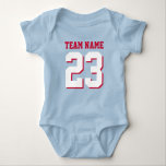 Royal Blue Red Baby Football Jersey Sports Romper Baby Strampler<br><div class="desc">Niedlicher Bodysuit für Kleinkinder. Mama und Liebe Sport. Es ist nur natürlich, dass das Baby auch sollte. Niedlicher Babybodyanzug in königsblau, rot und weiß. Sie können den Namen und die Spielernummer auf der Vorder- und Rückseite des Trikots anpassen. Nicht nur für Fußballfans. Jeder Sportfans wird dieses Design schätzen. Baseball, Basketball,...</div>