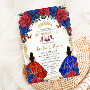 Royal Blue Red Floral Girls Twins Quinceañera 15 Einladung