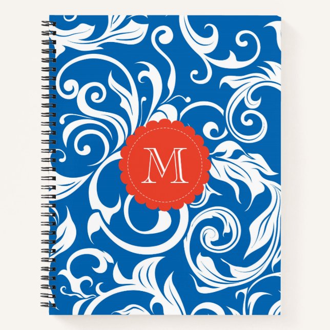 Royal Blue Red Wallpaper Swirl Monogram Notizbuch (Vorderseite)